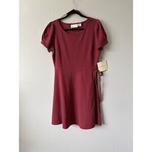NWT Cynthia Rowley Burgundy Knit Puff Short Sleeve Tie Waist A-Line Dress Med